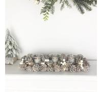 Mr Crimbo Rustic Pre-Lit Christmas Candle Holder - Wooden Twig Centrepiece with 3 Glass Tealight Holders, Pine Cones, Snowberries & 10 Warm White LED Lights, Battery Operated