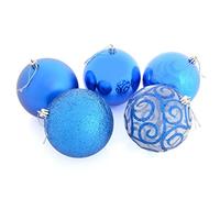 Mr Crimbo Set Of 5 Large Round Christmas Tree Baubles Shiny Mirrored Matt Glittery Swirled Patterns, Blue 10cm
