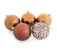 Mr Crimbo Set Of 5 Large Round Christmas Tree Baubles Shiny Mirrored Matt Glittery Swirled Patterns, Coffee 10cm