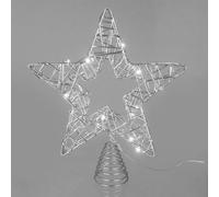 Mr Crimbo Silver Metal Star Tree Topper - 28cm Light Up Christmas Decoration with 20 Warm White LED Copper Wire Lights, Battery Operated with Timer, Spring Base for Easy Fit
