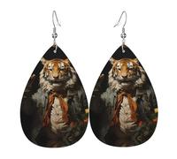 Mr. Dancing Tiger Printed leather earrings with teardrop-shaped dangling design, light and soft.