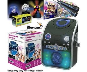 Mr Entertainer Bluetooth Home Karaoke Machine Package. Includes Party Disco Lights, Chart Hits & Kids CDG Songs and Two Mics