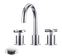 MR. FAUCET 2 Cross-Handle Gold Bathroom Sink Faucets with Waste Drain for 3 Hole Deck Sink, Solid Brass Chrome Mirror Finished