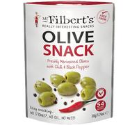 Mr Filbert’s Green Olives with Chilli & Black Pepper - 12 x 50g Snack Pouches | Spicy Mediterranean Olives | Vegan & Gluten Free