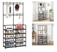 Mr.Gadget's Solutions 10-Tier Entryway Coat Rack, Coat and Shoe Rack, Entryway Bench Storage Organizer with 8 Hooks for Bedroom, Hallway, Office, Black