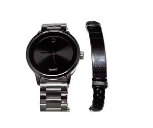 Mr.Gadget's Solutions 2 Piece Gift Set Men Silver Stainless Steel Round Black dial Watch with Leather Bracelet