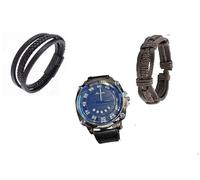 Mr. Gadget's Solutions 3-Piece Men's Watches Simple Round Analogue Quartz Watch with 2 Leather Bracelets - Perfect Wrist Watches Gift Box Set for Boys