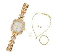 Mr. Gadget's Solutions 5PCS Set Women's Alloy Quartz Watch Necklace Earrings Bracelet Ring Accessories Set Combination-(Gold)