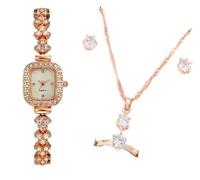 Mr. Gadget's Solutions 5PCS Set Women's Alloy Quartz Watch Necklace Earrings Bracelet Ring Accessories Set Combination-(Rose Gold)