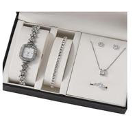 Mr.Gadget's Solutions 5PCS Set Women's Alloy Quartz Watch Necklace Earrings Bracelet Ring Accessories Set Combination-(Silver)
