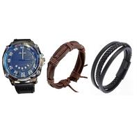 Mr.Gadget's Solutions Analog Quartz Watch for Men, Large Dial Watch with Date and Leather Strap & 2 Piece Mens Leather Bracelet Adjustable Fashion Punk Braided Set of 3 (Navy Dial with Black Strap)