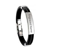 Mr.Gadget's Solutions Custom Engraved Black Leather Bracelet with Stainless Steel Bar - Personalized Name Date ID Wristband - Anniversary Birthday Gift
