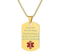 Mr.Gadget's Solutions Medical Alert Necklace Custom Engraving Stainless Steel ID Tag Pendant for Men Women (Gold)