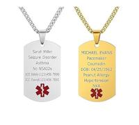 Mr.Gadget's Solutions Medical Alert Necklace Free Custom Engraving Personalized Gift Silver/Gold Polished Stainless Steel ID Tag Pendant and Chain for Men Women (Gold)