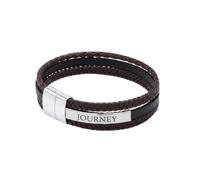 Mr.Gadget's Solutions Personalized Brown & Black Leather Bracelet with Silver Stainless Steel Engraved Bar - Custom Name Date ID Wristband - Braided Multi Layer Magnetic Clasp (Brown)