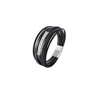 Mr.Gadget's Solutions Personalized Brown & Black Leather Bracelet with Silver Stainless Steel Engraved Bar - Custom Name Date ID Wristband - Braided Multi Layer Magnetic Clasp (Black)