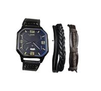 Mr. Gadget's Solutions Square Watch Men Casual Sports Leather Band Quartz Wristwatch &2PC Bracelets Set