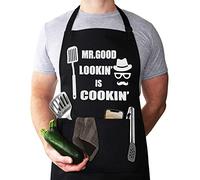Mr. Good Lookin’ is Cookin’ Apron, Funny Apron for Men, BBQ Grill Apron, Chef Apron, Funny Apron for Dad, Funny Chef Apron for Men，Cotton 2 Utility Pockets, Adjustable Neck and Extra Long Waist Ties.