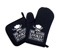 Mr.Good Looking is Cooking,Funny Oven Mitts and Pot Holders Sets of 2,Silicone Non-Slip Oven Mitts,Kitchen Gift for Men,Cooking Baking BBQ Gifts,Housewarming Gifts