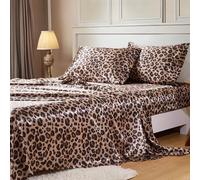 MR&HM Satin Bed Sheets with Elastic Corner Straps, Full Size Sheets Set, 4 Pcs Silky Bedding Set with 15 Inches Deep Pocket for Mattress (Full, Brown Leopard)