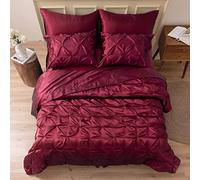 MR&HM Satin Comforter Full 7 Pieces - Luxurious Pinch Pleat Bedding Set with Comforter, Flat Sheet, Fitted Sheet, Pillowcases & Shams, Super Silky Soft Bed Set for All Season (Full, Burgundy)