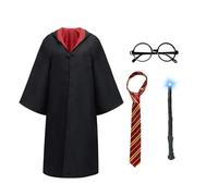 MR.HOKWY Wizard World Book Day Costumes - Wizard Robe Cosplay Costume Set, Magician Costume, Fancy Dress, Fluffy Robe, Magic Stick, Potter Glasses, Pinstripe Tie, Halloween Costumes for Kids(145CM)