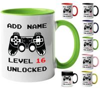 Mr Jeans 16th Birthday Gamer Gift - Personalised Mug/Cup - Add Name - Level 16 Unlocked Gamer Mug, Birthday Gifts for Boys or Girls, Novelty Mug, Video Game Design, Gaming Gifts for Him or Her