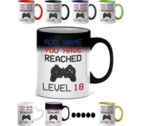 Mr Jeans 18th Birthday Gamer Gift Magic Mug - Personalised Mug/Cup - Add Name - Level 18 Gamer Mug, Birthday Gifts for Boys or Girls, Novelty Mug, Video Game Design, Gaming Gifts for Him or Her