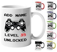 Mr Jeans 35th Birthday Gamer Gift - Personalised Mug/Cup - Add Name - Level 35 Unlocked Gamer Mug, Birthday Gifts for Boys or Girls, Novelty Mug, Video Game Design, Gaming Gifts for Him or Her