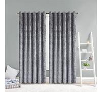 Mr Jeans Crushed Velvet Eyelet Ring Top Curtains Pair of Fully Lined Window Panel - Silver 66" x 90"