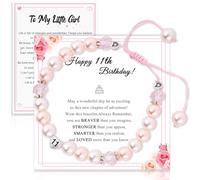 MR.KIANGCI Girls 11th Birthday Bracelet, Pink Pearl & Rhinestone Beaded Bracelet with Letter, Adjustable Strand Bracelet for Girls, Female Teen