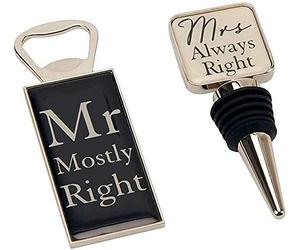 Mr Mostly Right & Mrs Always Right Bottle Opener & Bottlestopper Wedding Set in Gift Box