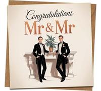 Mr & Mr Wedding Congratulations Card - 145mm Square - Elegant Gay Wedding Greeting - Blank Inside - Includes Kraft Envelope - Same Sex Marriage Card for Newlyweds, Two Grooms