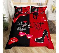 Mr Mrs Bedding Set Couple Romantic Wedding Duvet Cover Black Red Creative Funny Quote Comforter Cover Sexy Red Lip Mustache Romance Bedspread Cover 3Pcs King Size