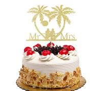 Mr & Mrs Cake Topper Tropical Wedding Cake Decorations Palm Tree Hawaii Beach Sunrise and Sunset Wedding Party Supplies Bride & Groom Travel Cake Toppers Gold Glitter