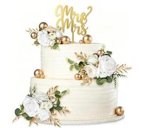 Mr & Mrs Cake Topper Wedding Cake Decoration White Rose Flowers Gold Balls Cake Decorations Artificial Cake Flowers for Wedding Valentine's Day Anniversary Birthday Party Cake Decorations Supplies