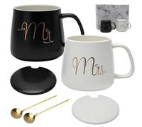 Mr Mrs Coffee Mugs, Set of 2, Ceramic Mugs with Spoons for Coffee, Tea, Water, Mugs, Gift for Valentine's Day, Wedding Anniversary, Bridal Shower, Engagement, Christmas