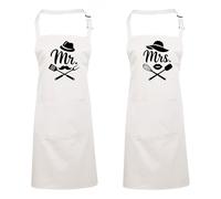 Mr & Mrs Couple White Apron Set - Wedding Gifts for Bride & Groom, Engagement, Anniversary, Housewarming Gift for Men and Women - His & Her Cooking, Kitchen & BBQ Chef Aprons - 34” Long Polycotton