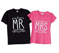 Mr Mrs Hubby Wifey T Shirts, Customised Cute Couples Wedding Day Tshirts, 240 (Pink w/White Text, Womens - Medium)