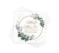 Mr & Mrs Paper Napkins Disposable, 60PCS Decorative Eucalyptus Leaf with Gold Glitter Frame Printed Dinner Napkins for Wedding, Engagement, Party, Table, Home Decor. 2-Ply, Folded 6.5 x 6.5 In.