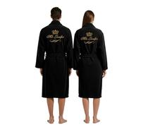 Mr & Mrs Personalized 2-Piece Couples Bathrobe Set - Custom Back Embroidered Names Curly Crown Font Design - 100% Terry Cotton Wedding, Honeymoon, Anniversary Dressing Gown (Black, L-XL)