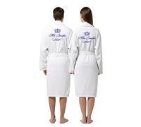 Mr & Mrs Personalized 2-Piece Couples Bathrobe Set - Custom Back Embroidered Names Curly Crown Font Design - 100% Terry Cotton Wedding, Honeymoon, Anniversary Dressing Gown (White, L-XL)