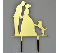 Mr & Mrs Pet Dog Gold Acrylic Wedding Day Cake Topper Silhouette Vintage Bride