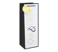 Mr & Mrs Script Champagne White Bottle Gift Bag 35cm - Wedding Paper Wine Bottle Present Bag with Black Handles & Gold Heart Tag