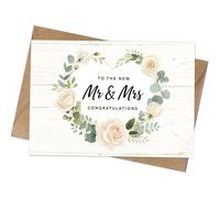 Mr & Mrs Wedding Card With Floral Wreath Design For Bride And Groom - Rustic Congratulations Card With Natural Kraft Envelope, Blank Inside For Personal Message, Classic Romantic Greeting For Wedding