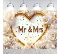 Mr & Mrs White Rose Floral Bridal Shower Backdrop Golden Heart Glitter Mr Mrs Wedding Theme Photo Backgrounds for Reception Bridal Shower Anniversary Celebration Honeymoon Engagement (B, 7X5FT)