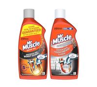 Mr Muscle Drain Unblocker & Cleaner Gel Duo Pack, Kitchen Drain Unblocker 500ml + Bathroom Drain Unblocker 500ml, Dissolves Tough Clogs, Works 3x Better Than Bleach, Safe for All Pipes