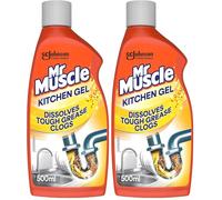 Mr Muscle Kitchen Drain Unblocker Liquid (500ml), Sink & Drain Cleaner, Strong & Fast Acting Heavy Duty Gel, Dissolves Clogs, Works 3x Better Than Bleach, Safe for All Pipes (Pack of 2)