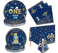 Mr Onederful Birthday Decorations - Blue Gold Party Plates, Napkins, and Tablecloth First Birthday Decorations Tableware for Baby Shower 1st Party Boy Supplies, Serve 20 Guests