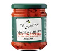 Mr Organic Grilled Peppers Antipasti - Authentic Mediterranean Flavours - Vegan-Friendly - Smoky and Savoury Taste - Perfect for Antipasto Platters - 190g Jar